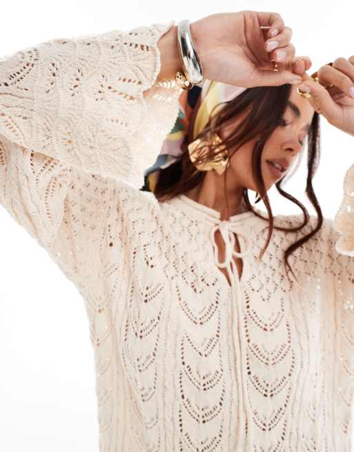 Mango crochet long sleeve mini dress in white | ASOS