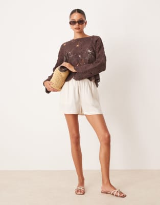 Mango Crochet Long Sleeve Top In Brown