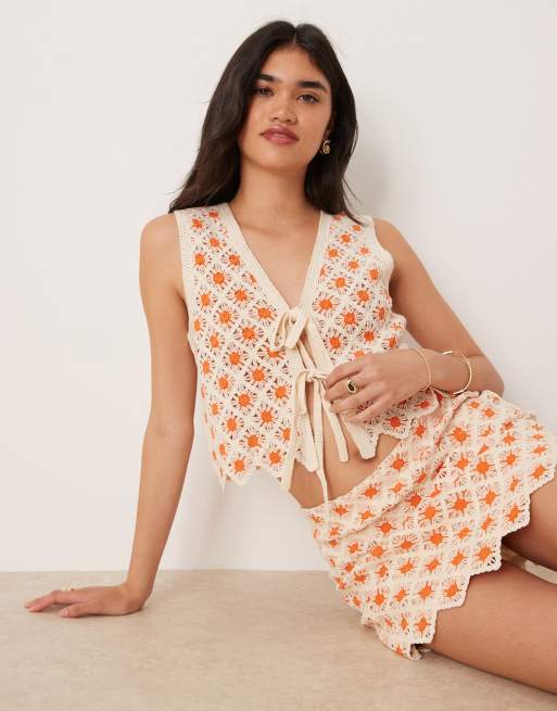 Mango crochet mini skirt in orange floral - part of a set, 3 of 5