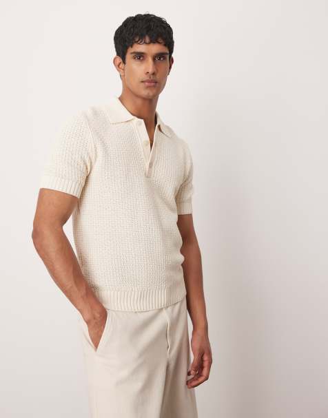 Mango crochet polo shirt in stone - view 1