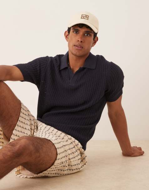 Mango crochet polo top in navy - view 1