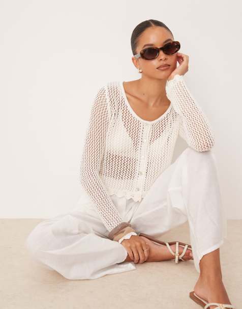 Mango crochet rib cardigan in ivory - view 1
