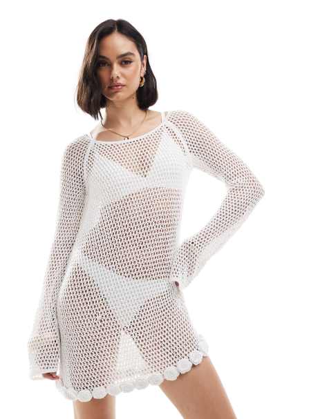 Mango crochet rose detail long sleeve mini dress in white - view 1