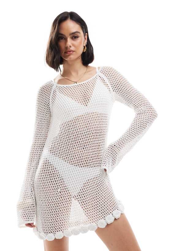 Mango - crochet rose detail long sleeve mini dress in white