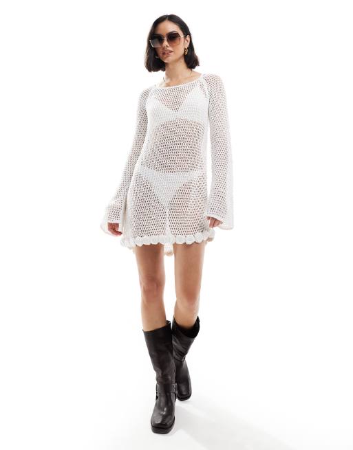 Mango crochet rose detail long sleeve mini dress in white | ASOS