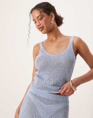 crochet scoop neck embelished tank top in sky blue - part of a set