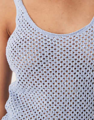Mango Rhinestone Detail Open Stitch Knit Tank In Blue