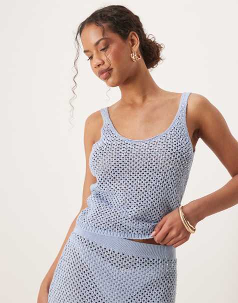 Mango crochet scoop neck embelished vest co-ord in sky blue - view 1