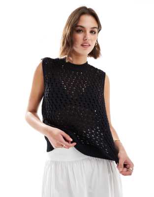 Mango Crochet Sleeveless Top In Black