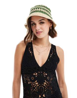 Mango Mango crochet stripe bucket hat in brown and green-Neutral