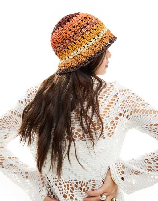 Mango crochet stripe bucket hat in orange | ASOS display picture 1