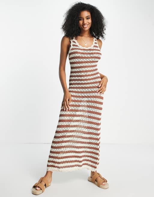 Mango crochet stripe midi dress in cream and rust | ASOS