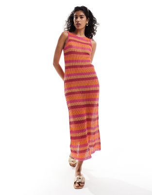 crochet stripe midi dress in pink and orange