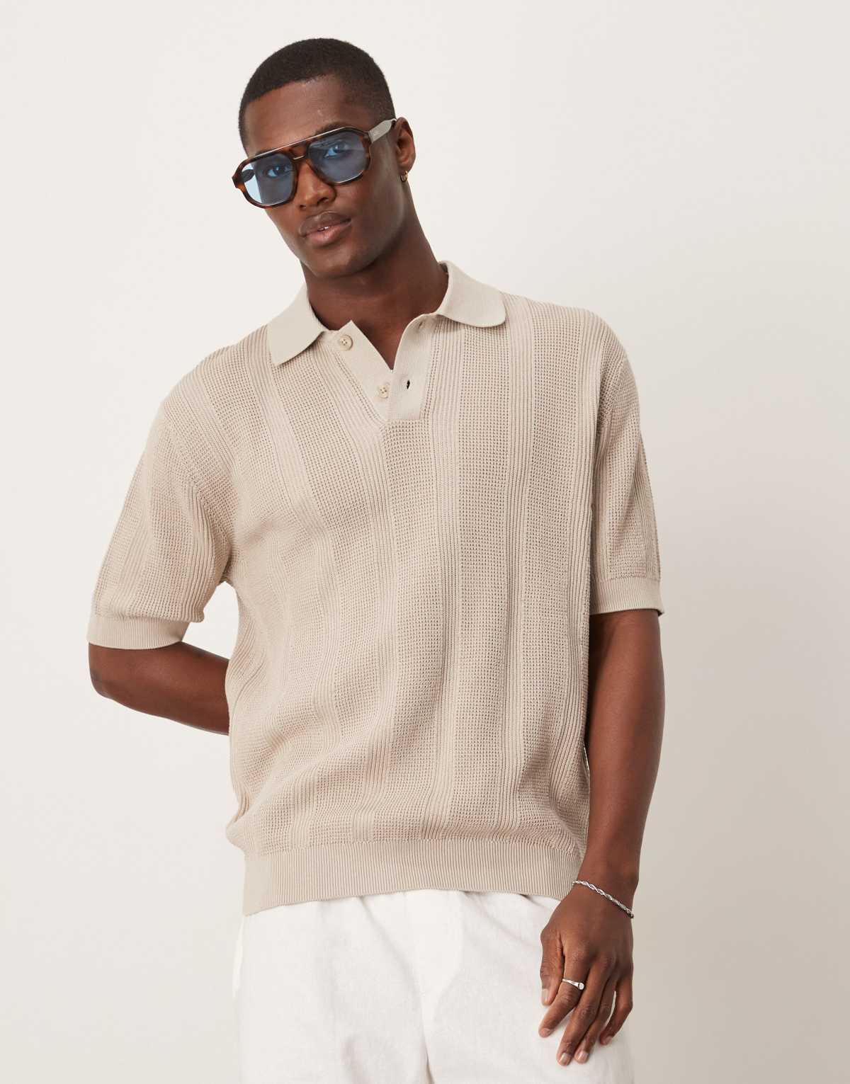Mango crochet stripe polo shirt in white