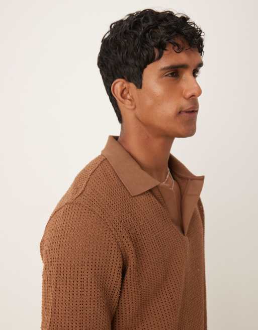 Mango crochet striped polo top in brown | ASOS