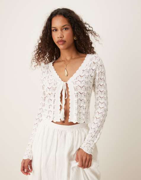 Mango crochet tie front cardigan in white - view 1