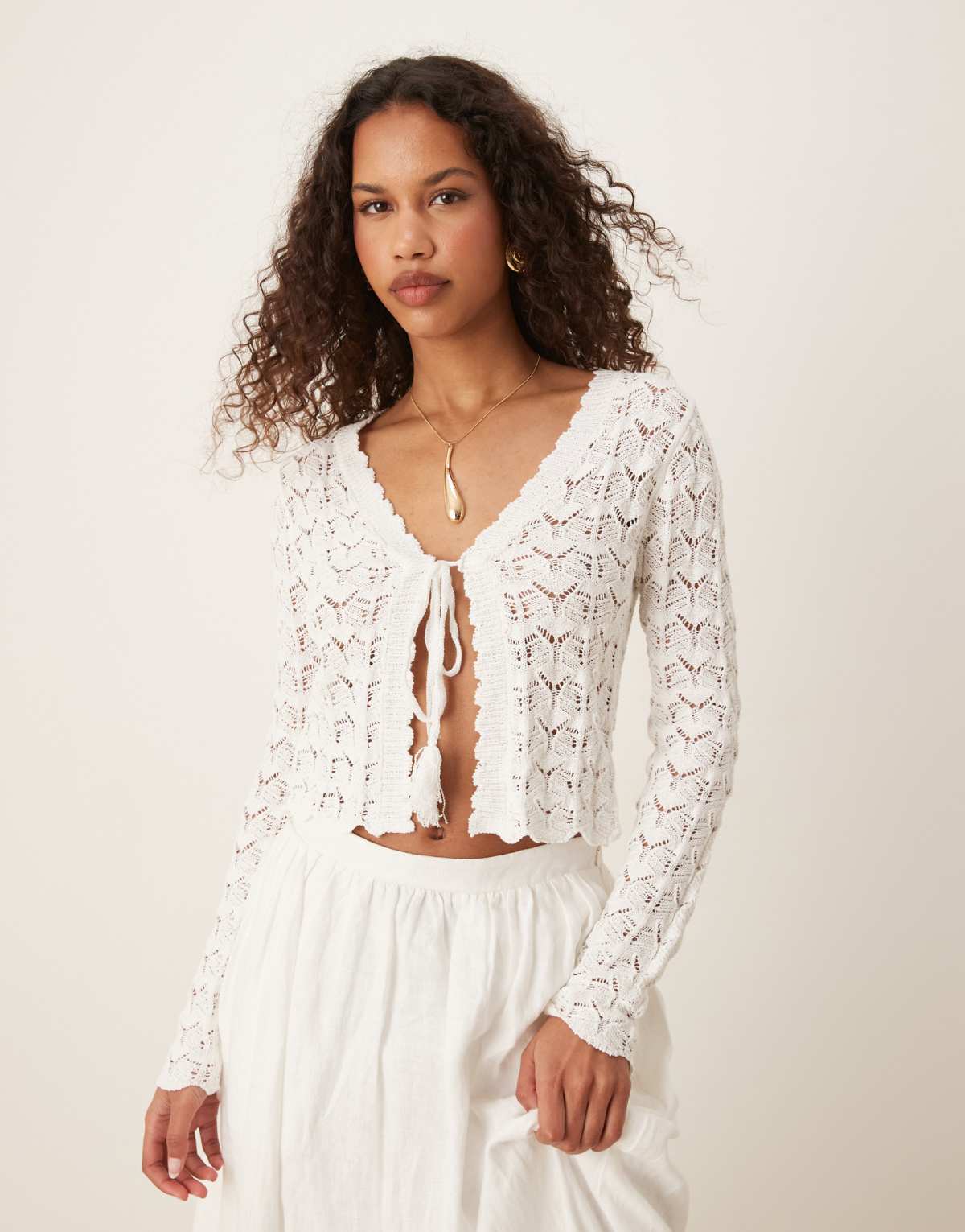 Mango crochet tie front cardigan in white