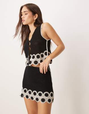Mango Mango crochet tie front detail vest co-ord in black