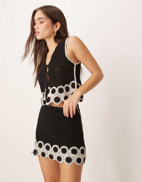 Mango crochet tie front detail vest co-ord in black