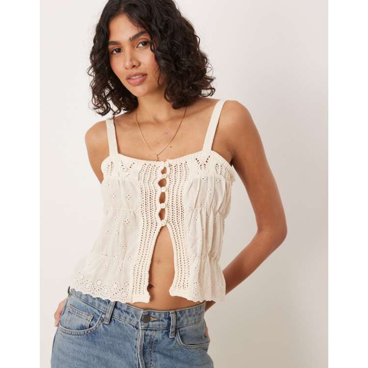 Mango crochet tie front knit cami top in light beige | ASOS