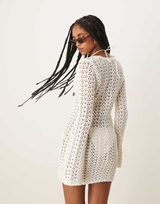Mango crochet tie front mini dress in white | ASOS