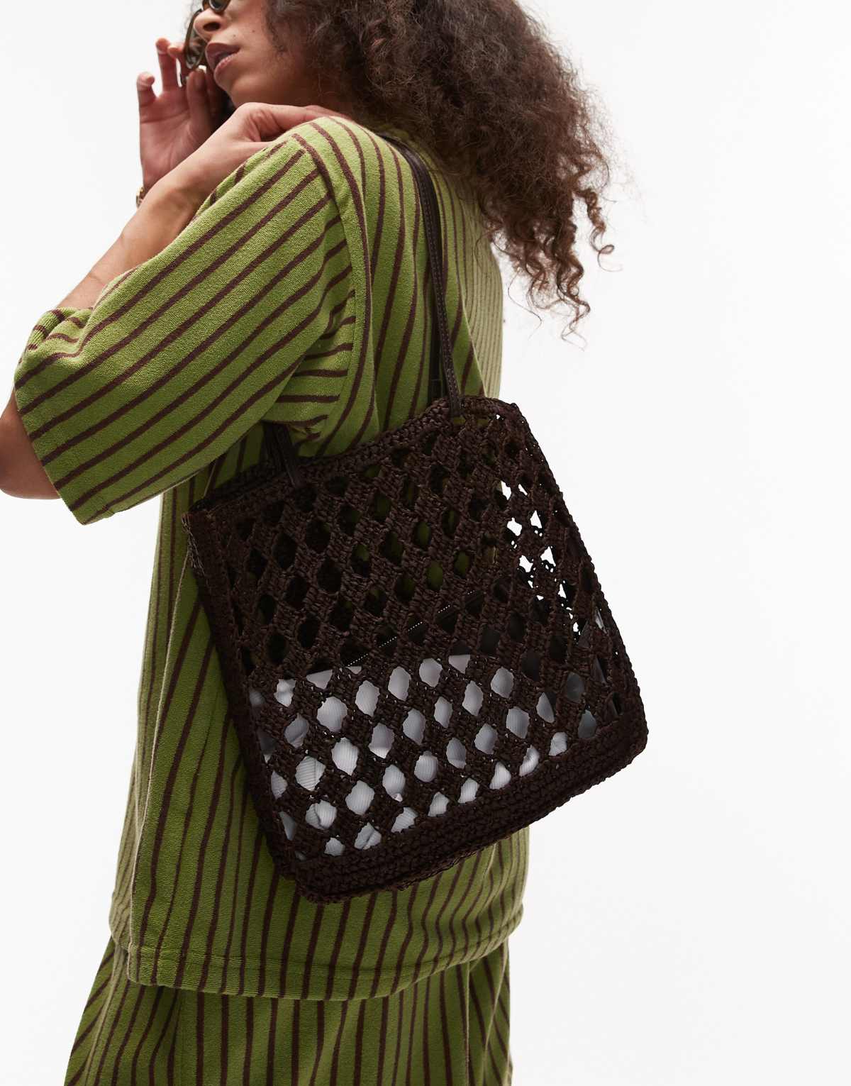 Mango crochet tote bag in chocolate brown