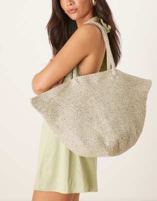 Mango Crochet Tote Bag With Metalic Finish In Silver