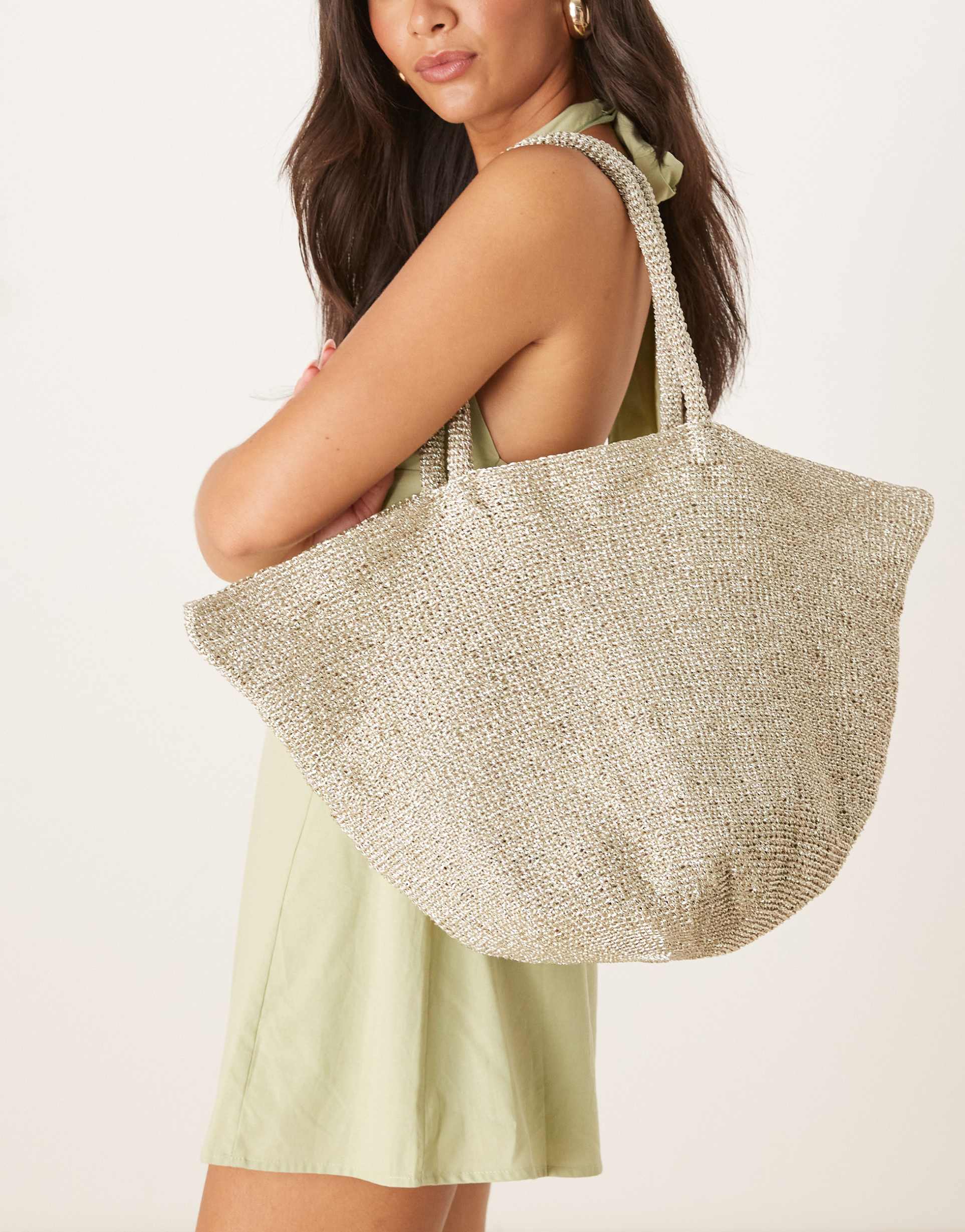 mango crochet tote bag with metalic finish in silver