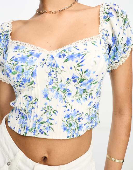 Mango - Crop top met pofmouwen en korsetdetail in bloemenprint, 3 van 4