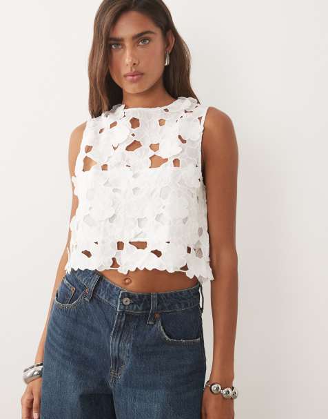 Mango - Crop top sans manches à encolure ronde avec découpes et broderies - Blanc cassé - view 1