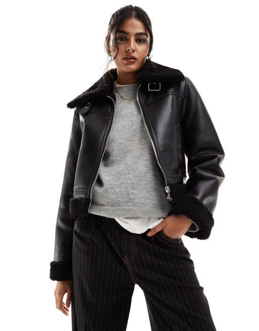 Mango - Cropped aviator-jakke i sort læderlook