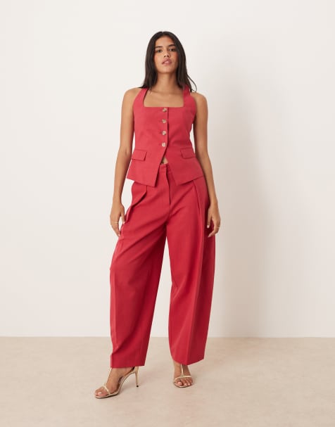 Mango cropped barrel leg trouser co-ord in red - view 1