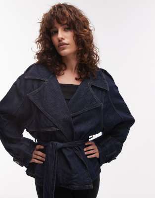 Mango Cropped Dark Denim Trench In Blue