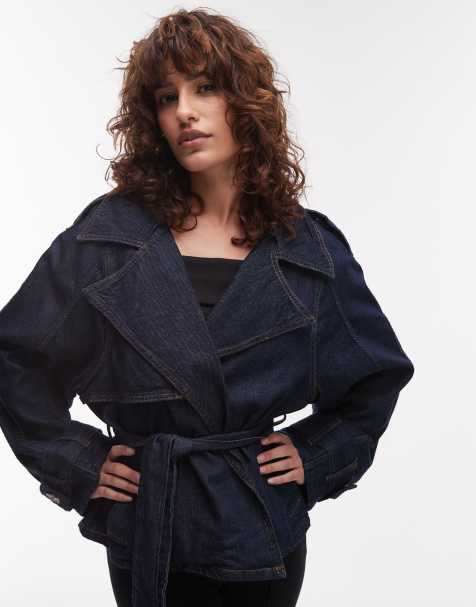 Mango cropped dark denim trench in blue - view 1