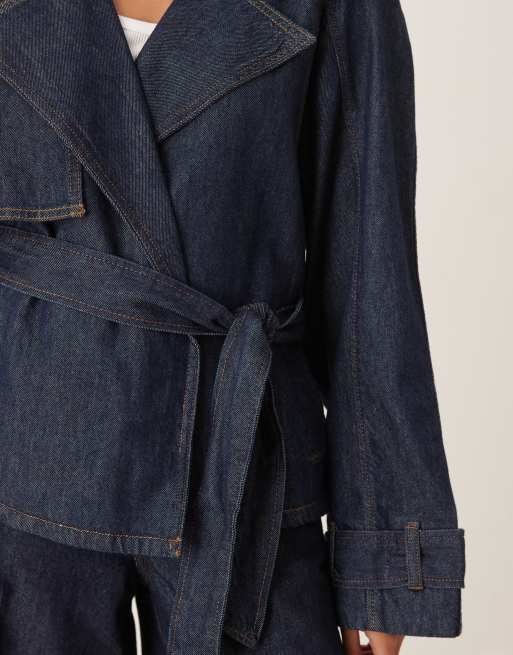 Mango - Cropped denim jack van katoen met gestrikte taille in donkerblauw, deel van co-ord set, 4 van 4