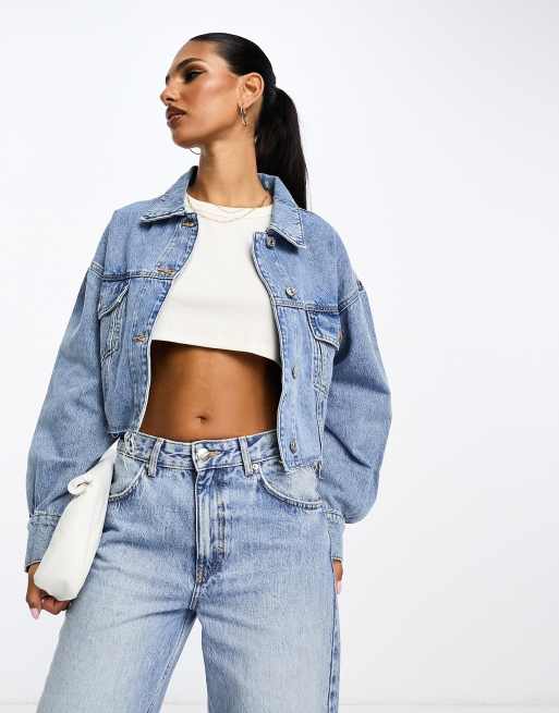 Mango cropped denim jacket in blue | ASOS