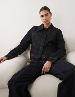 Mango Cropped Denim Jacket With Contrast Stitch In Blue