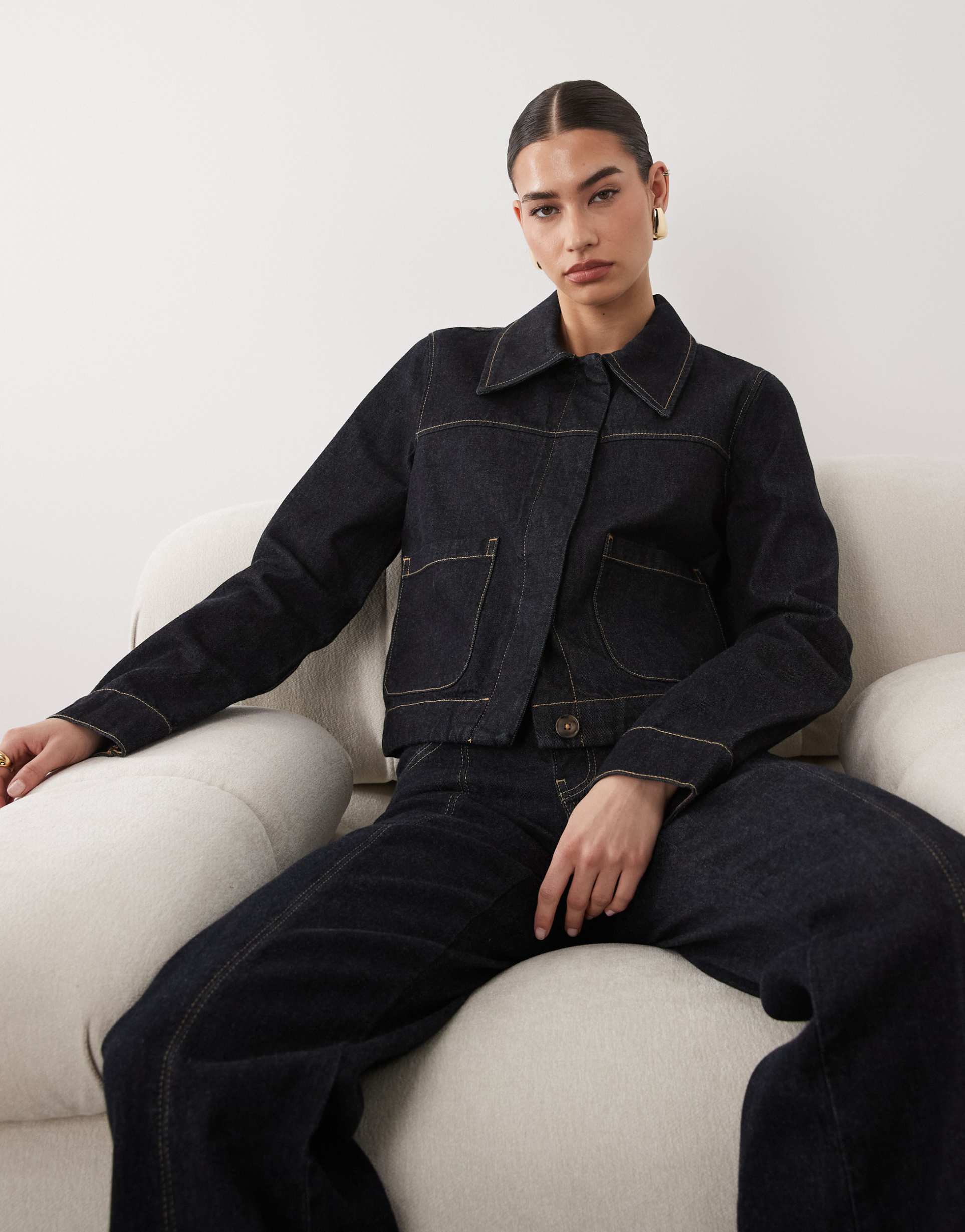 mango cropped denim jacket with contrast stitch in indigo