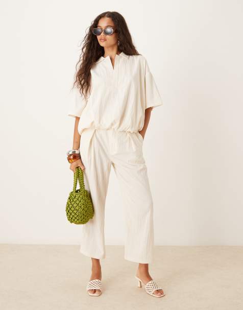 Mango crop elastic waistband trouser co-ord in light yellow