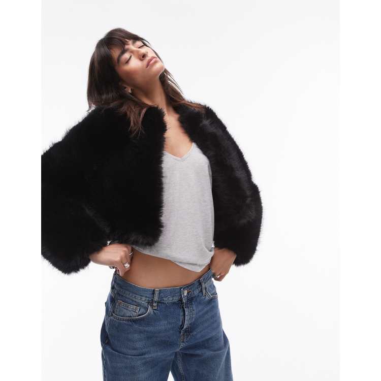 Mango cropped faux fur jacket in black ASOS