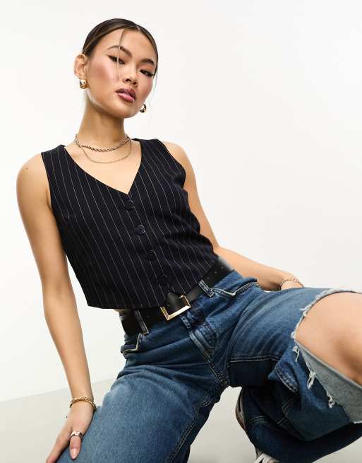 Mango - Cropped gilet met V-hals in marineblauw
