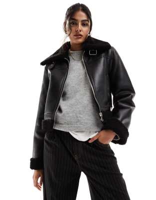 Mango cropped leather look aviator jacket in black