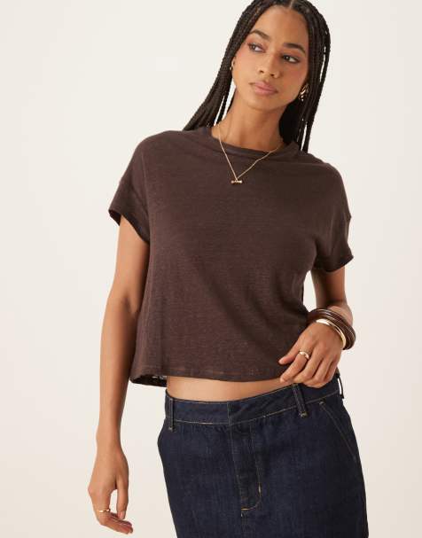 Mango - Cropped linnen T-shirt met ronde hals in chocoladebruin - view 1