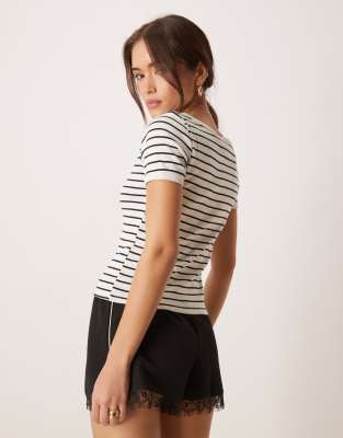 Mango Cropped Round Neck Striped Baby Tee