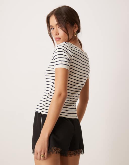 Mango cropped round neck striped baby tee in white, 2 of 4