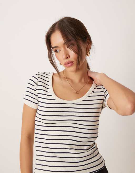 Mango cropped round neck striped baby tee in white, 3 of 4