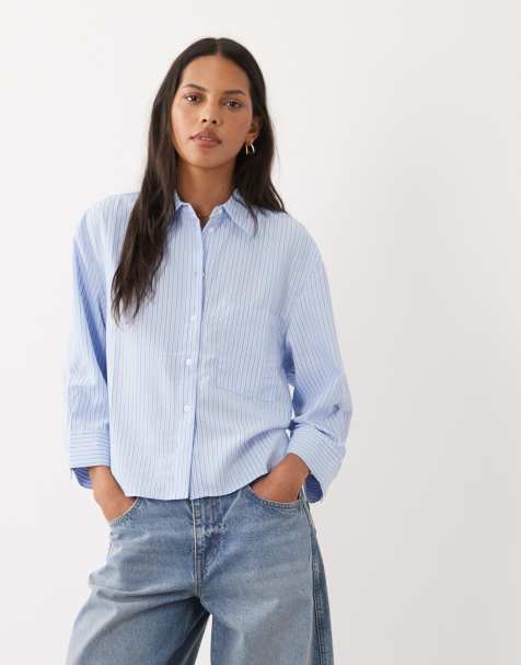 Mango cropped shirt in blue stripe print - view 1