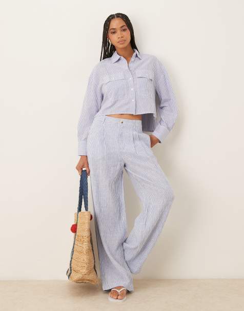 Mango cropped stripe linen mix shirt co-ord in light blue - view 1