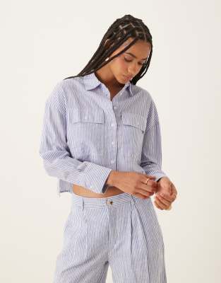 Shop Mango Cropped Striped Linen Mix Shirt