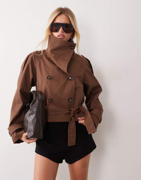 Mango cropped trench med ståkrave og bælte i brun - view 1